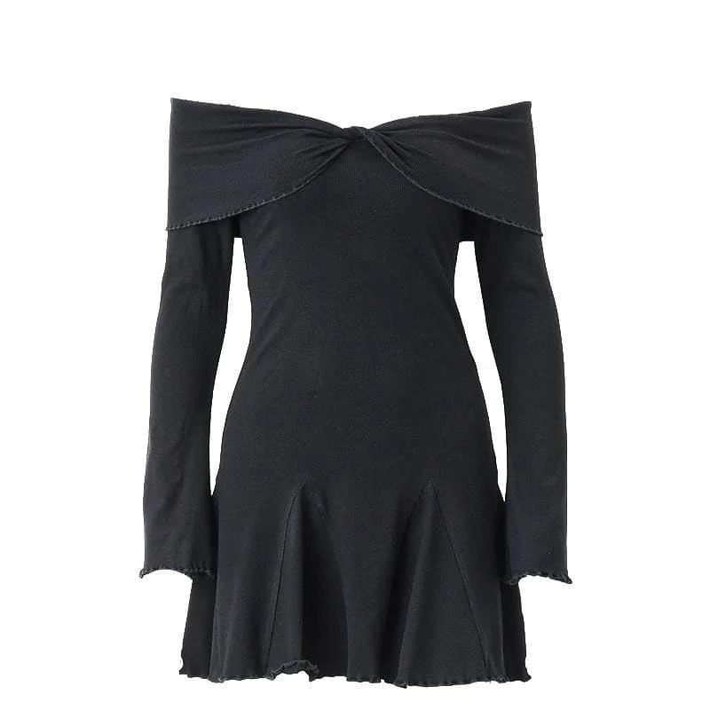 BerryBetty - Long sleeve ruffle off shoulder solid ruched mini dress