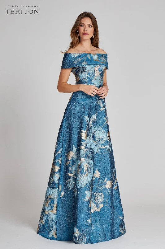 Large Floral Pattern Jacquard Off the Shoulder Gown