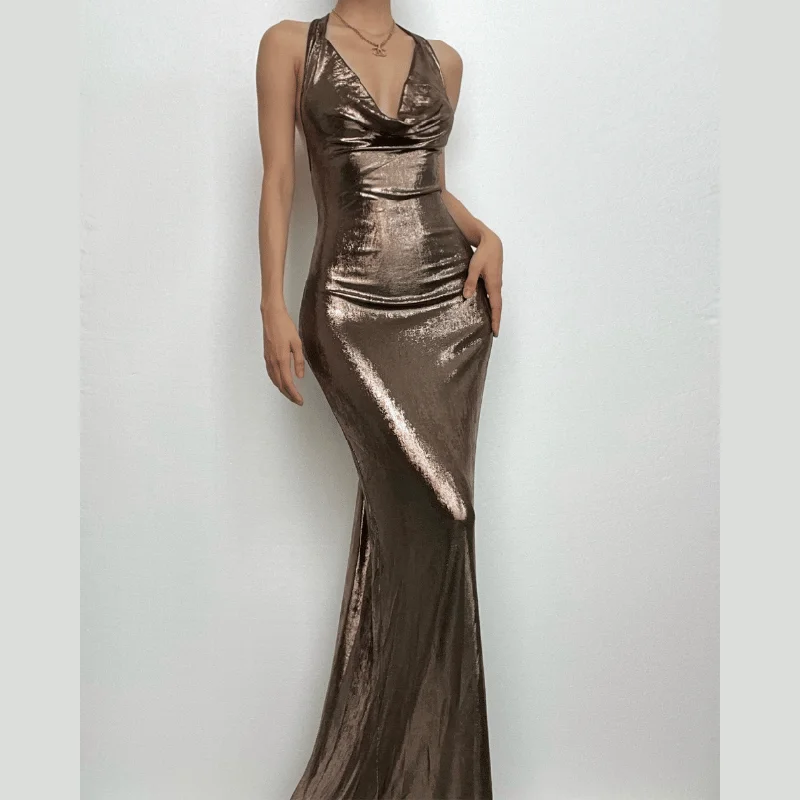 BerryBetty - Metallic cowl neck ruched halter backless maxi dress