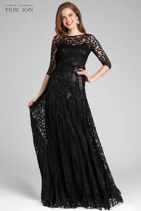 3/4 Sleeve Lace Illusion Gown with Bow