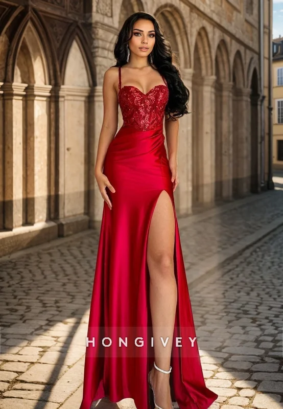 L1374 - Sexy Red Sweetheart Spaghetti Straps Sequins With Side Slit Party Prom Evening Dress