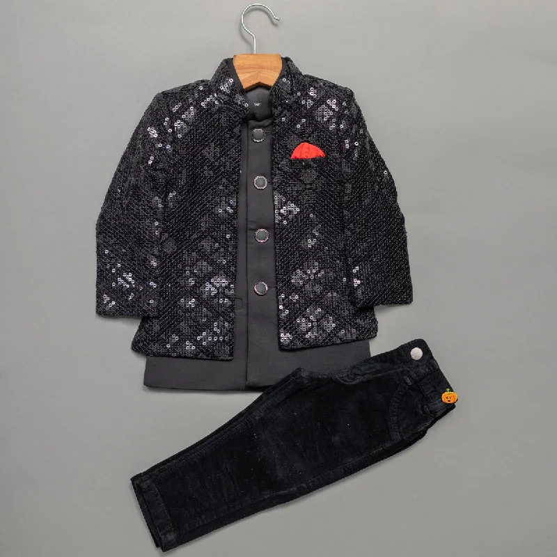 Black Sequin Boys Sherwani