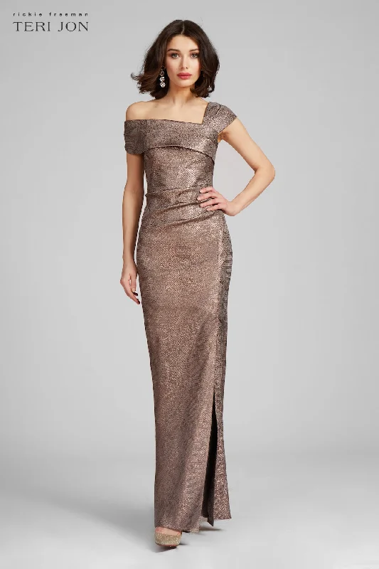 Metallic Jacquard Asymmetrical Shoulder Gown