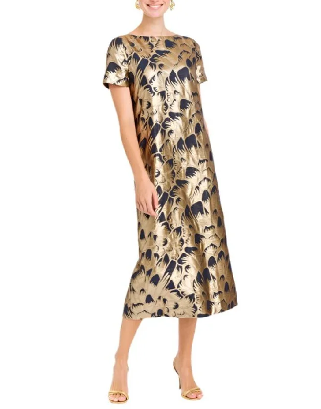 Adria Midi Dress in Navy/Gold Jacquard