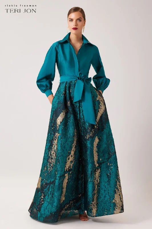 Taffeta and Metallic Jacquard Shirt Waist Gown