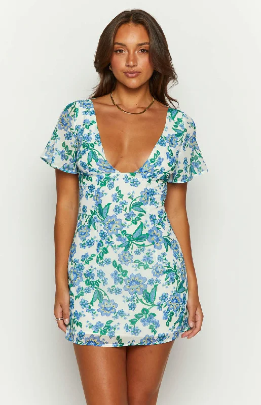 Mira Blue Floral Chiffon Mini Dress