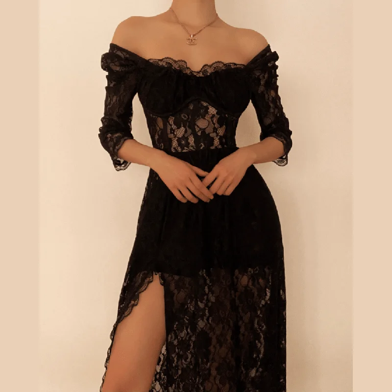 BerryBetty - Square neck hem lace slit long sleeve midi dress