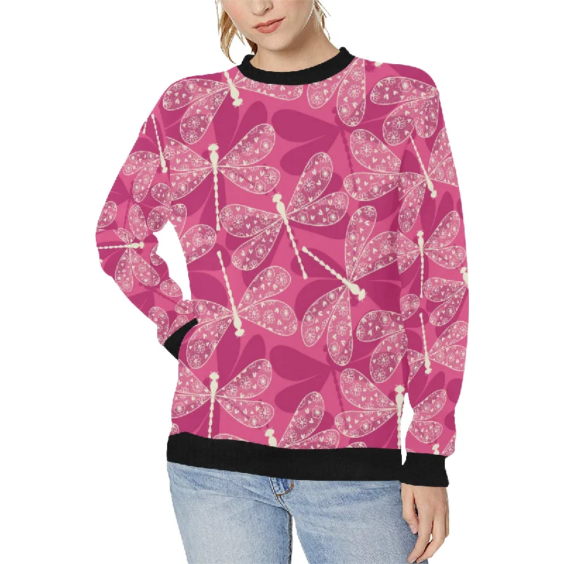 Beautiful dragonfly pink background Women's Crew Neck Sweatshirt