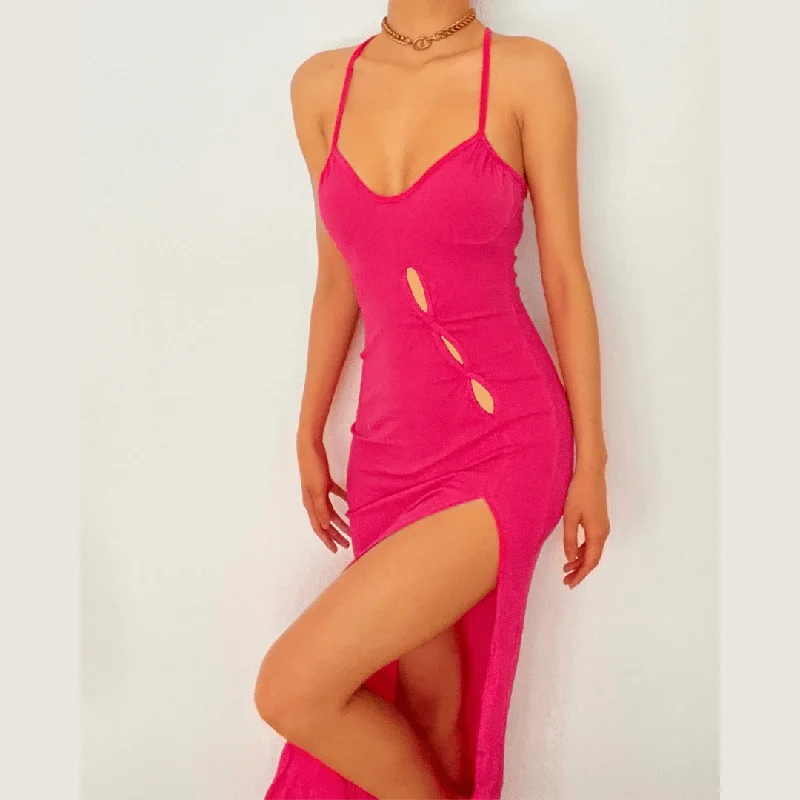 BerryBetty - Cross open back hollow out slit ribbed maxi dress