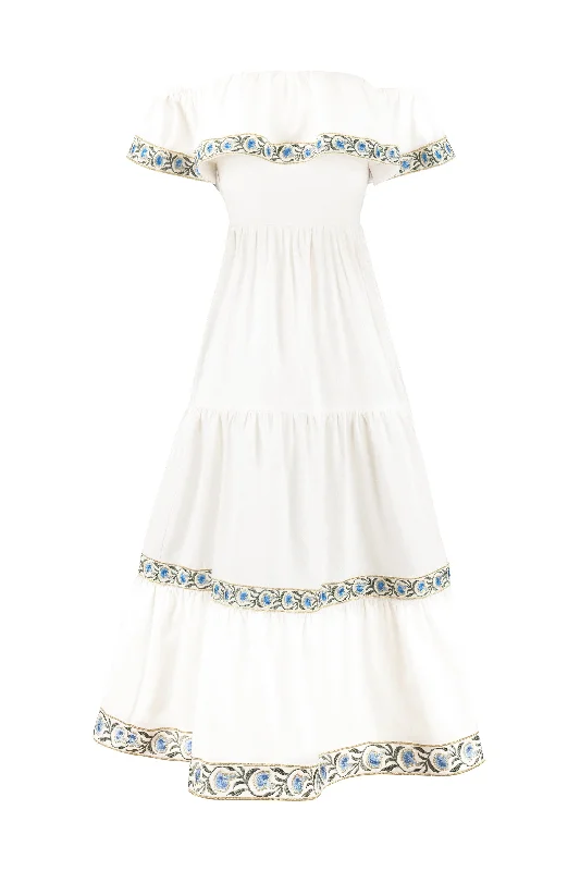 Carnation Ruffle Dress in Off-White & Blue