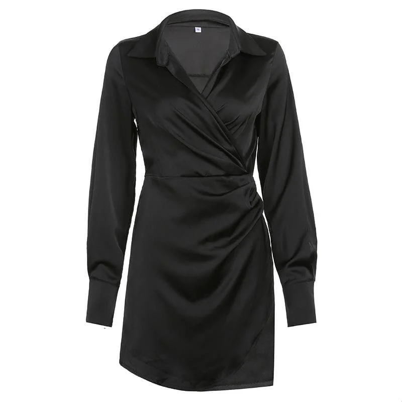 BerryBetty - Satin zip-up solid long sleeve turnover collar ruched mini dress