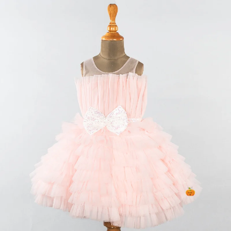 Peach Bow Net Frock for Girls