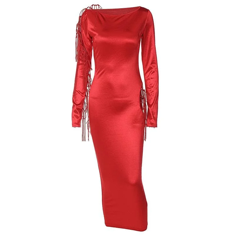 BerryBetty - Long sleeve solid satin hollow out self tie crewneck midi dress