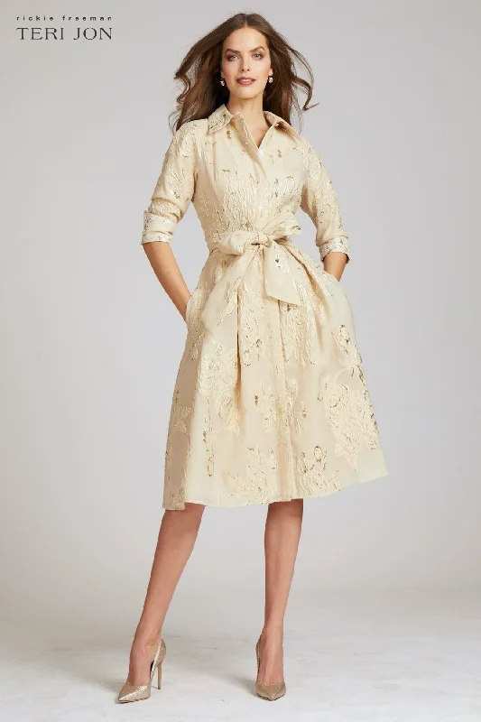 Metallic Jacquard Shirt Dress with Floral Print