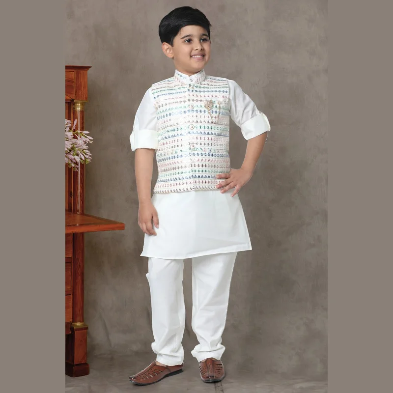 Cream Embroidered Boys Kurta Pajama with Jacket