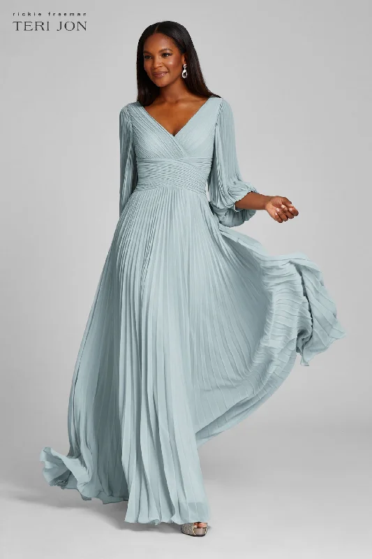 Chiffon Puff Sleeve Pleated VNeck Gown