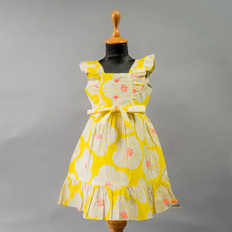 Yellow & Blue Cotton Frock for Girls