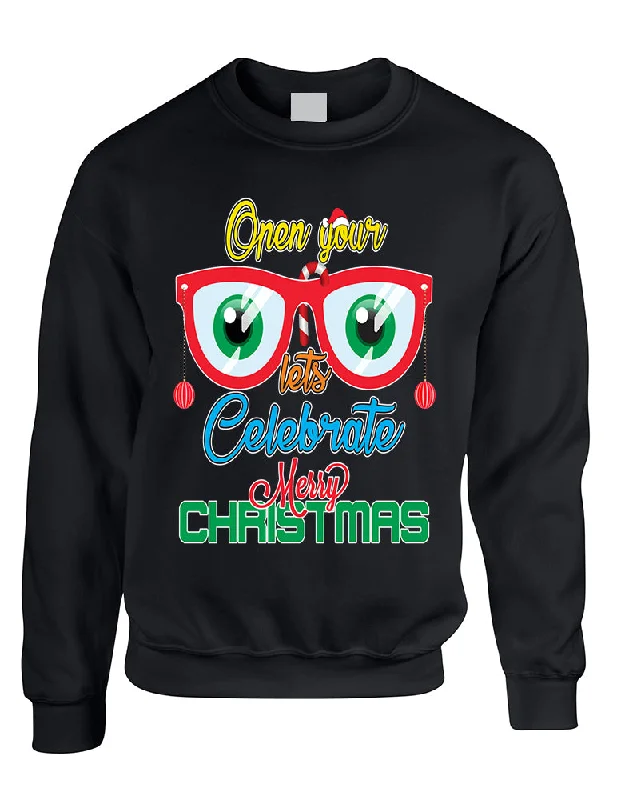 Adult Sweatshirt Open Your Eyes Lets Celebrate Cute Christmas Top