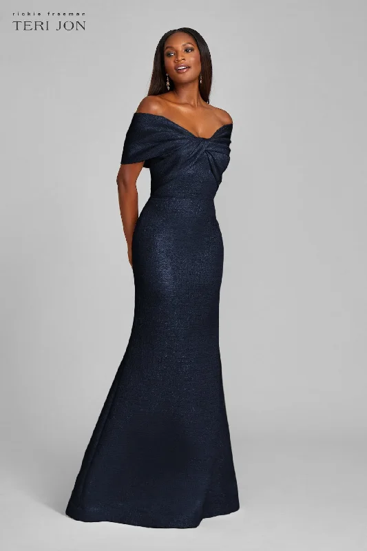 Metallic Jacquard Twist Bodice Off The Shoulder Gown