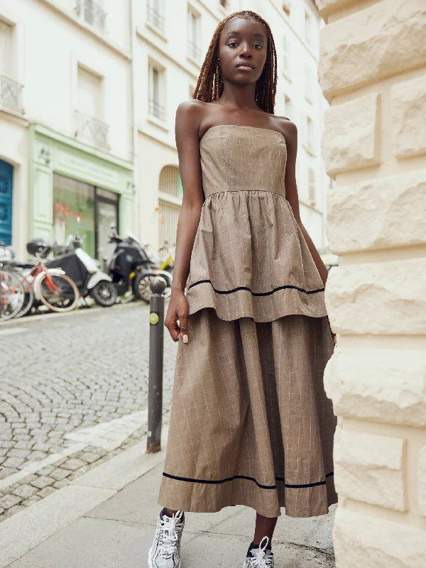 Daisy Dress in Coco Check With Baby Blue Pinstripe