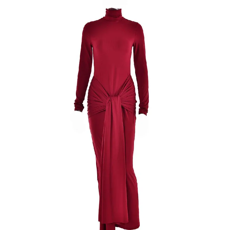 BerryBetty - Ruched solid long sleeve turtle neck self tie maxi dress