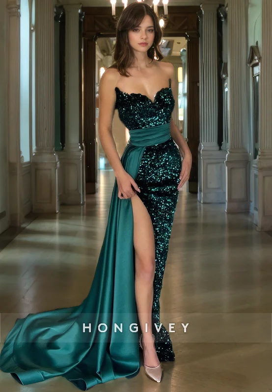 L0943 - Sequins Stain Paneled Sparkly High Slit With Train Party Evening  Prom Dress