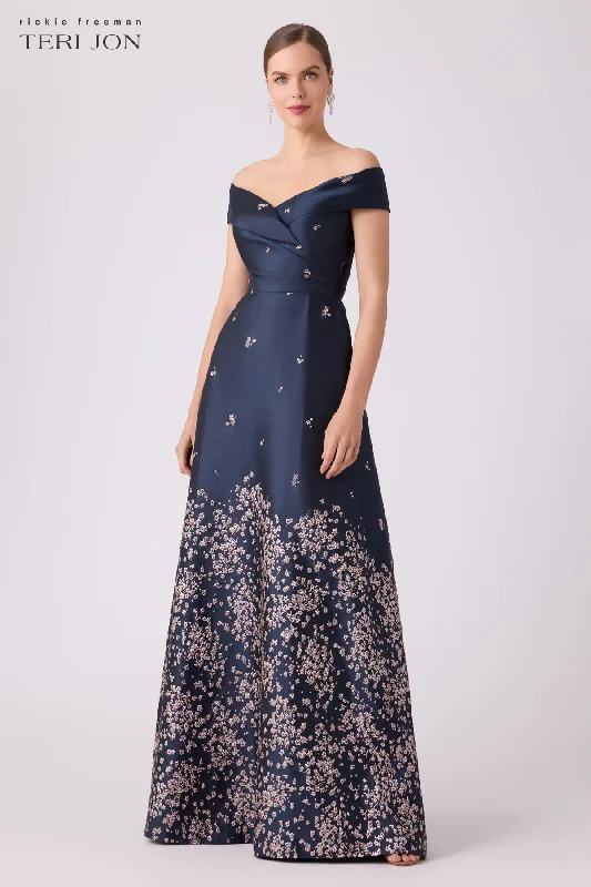 Jacquard Floral Border Cuff Bodice Gown