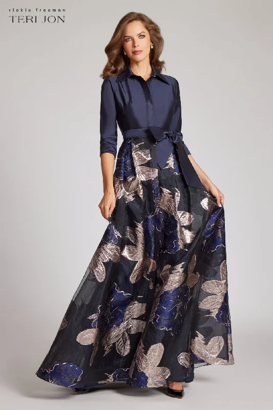 Navy Taffeta Shirtdress with Burnout Floral Print