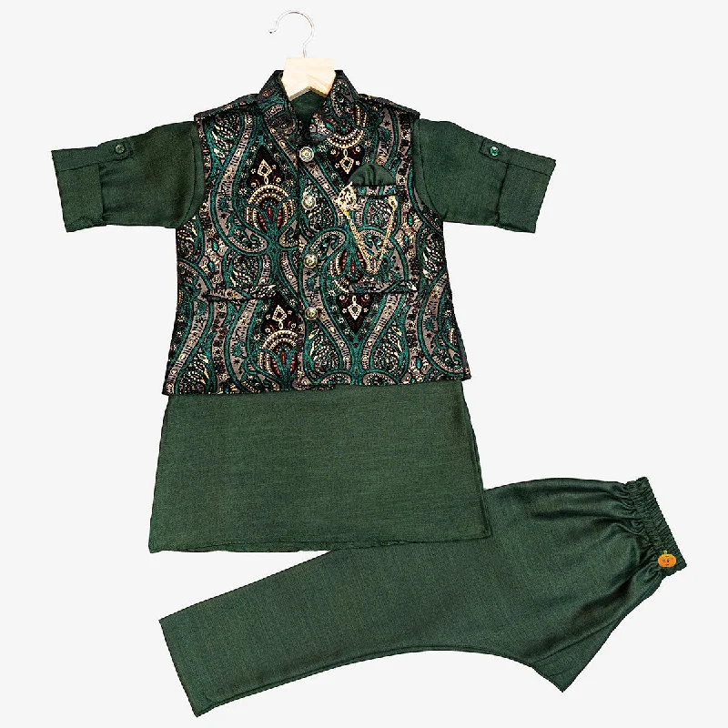 Green Printed Boys Kurta Pajama with Jacket