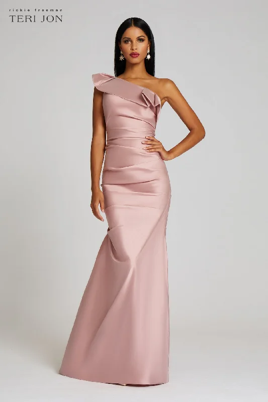 One Shoulder Pleat Draped Stretch Taffeta Gown