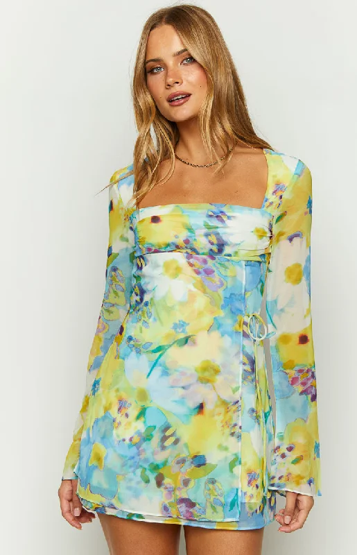 Lucy Blue Floral Long Sleeve Mini Dress