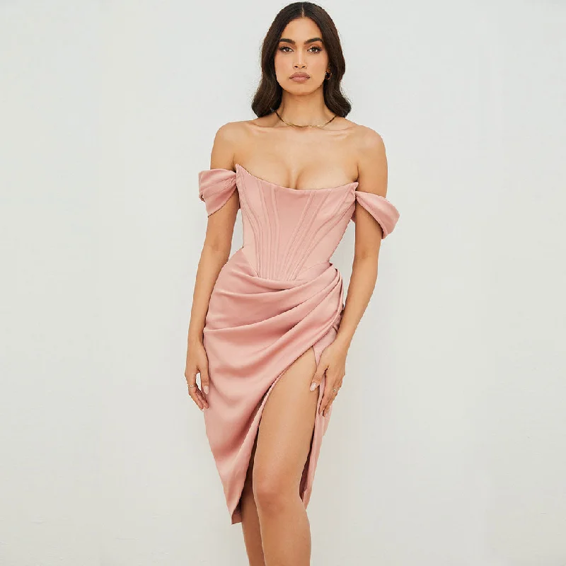 BerryBetty - Off Shoulder Draped Corset Cocktail Midi Dress - Pink