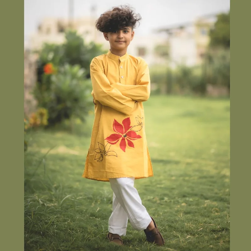 Mustard Floral Print Kurta Pajama for Boys