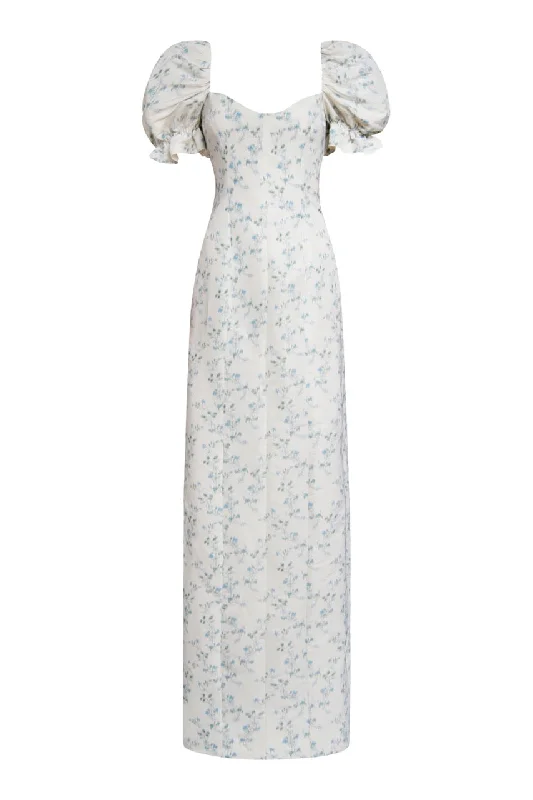 OTM Exclusive: Isidore Blue Bow Floral Ikat Puff Sleeve Column Gown