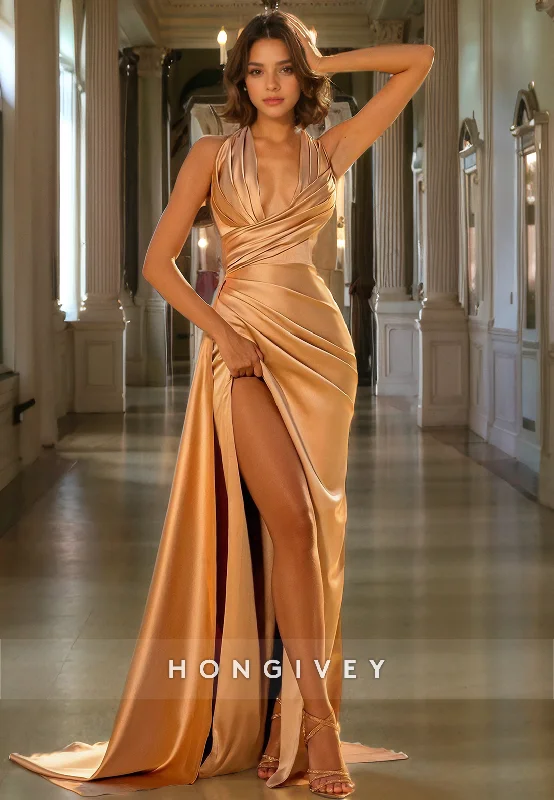 L0929 - Sexy Gold V-Neck Halter With Train And High Slit Evening Party Prom Dress