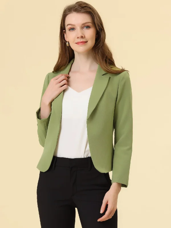 Notched Lapel Long Sleeves Solid Color Open Front Cropped Blazer