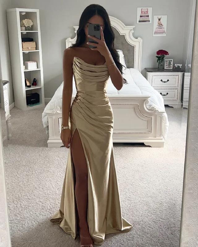 CHAMPAGNE GOLD ASYMMETRICAL SATIN GOWN