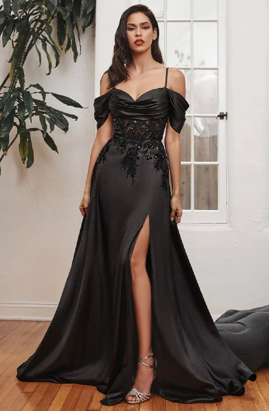 BLACK A LINE SATIN OFF SHOULDER GOWN