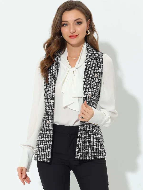 Tweed Open Front Plaid Sleeveless Cardigan Blazer Jacket Vest