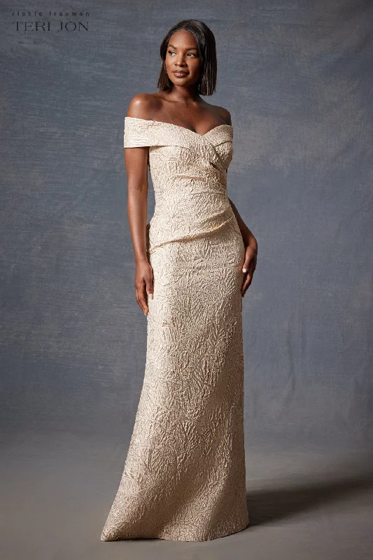 Metallic Jacquard Portrait Collar Side Drape Gown