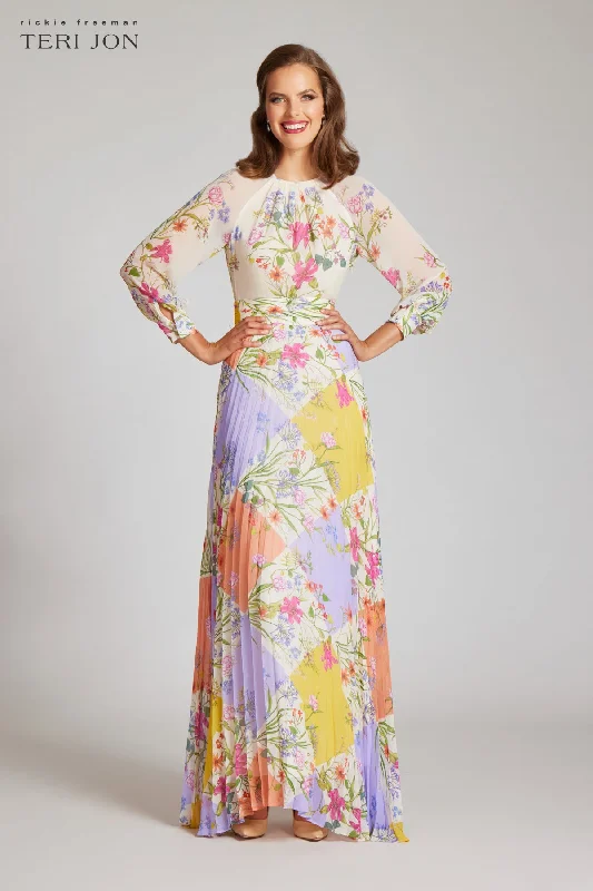 Chiffon Patchwork Floral Print Pleated Maxi Dress