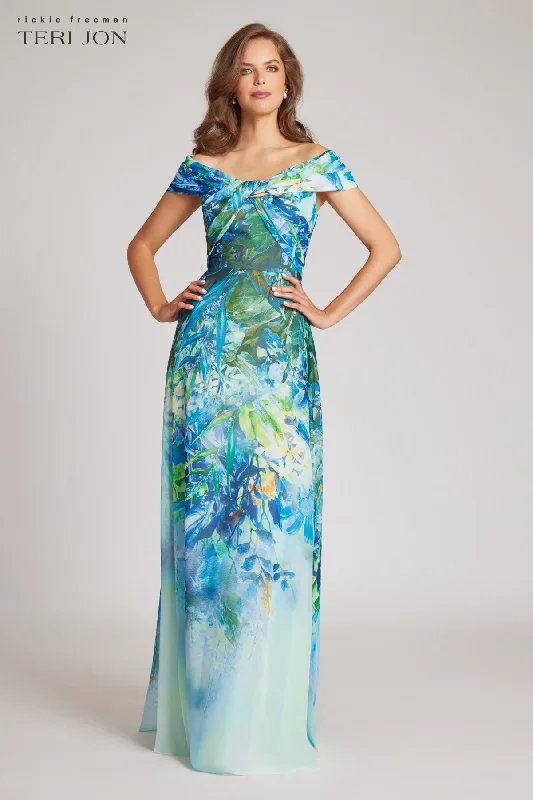 Chiffon Off The Shoulder Print Gown