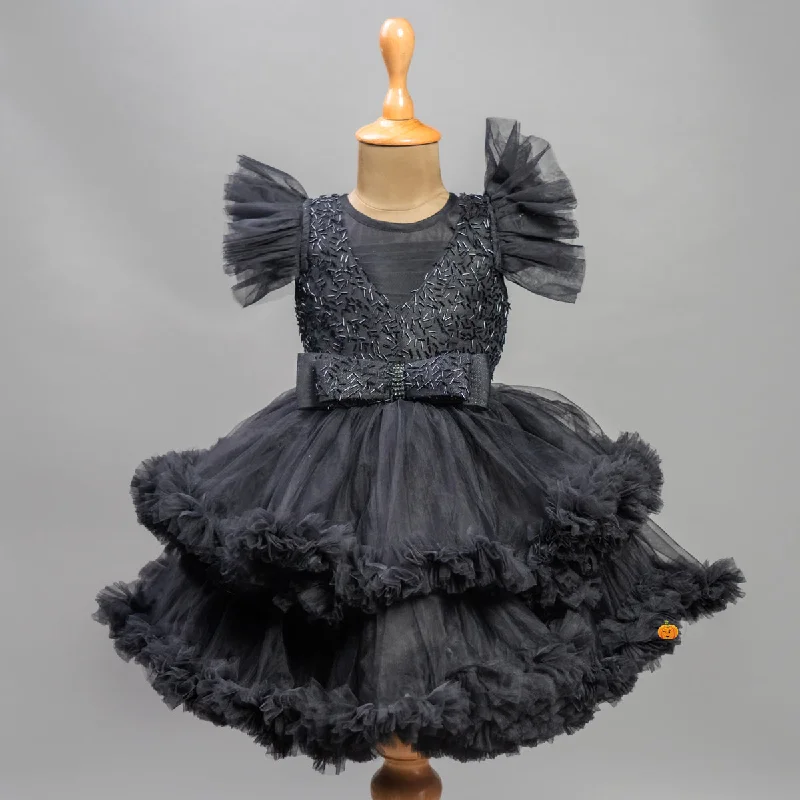 Black Frill Sleeves Layered Frock for Girls