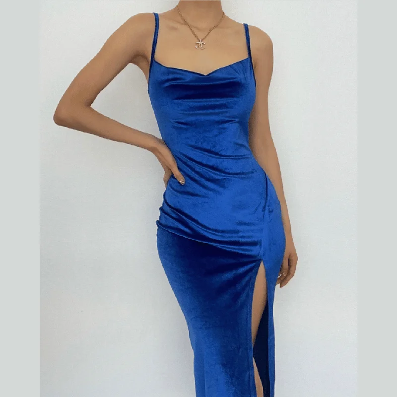 BerryBetty - Sleeveless velvet slit cowl neck backless cami midi dress