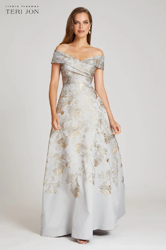 Off The Shoulder Metallic Jacquard A-Line Gown