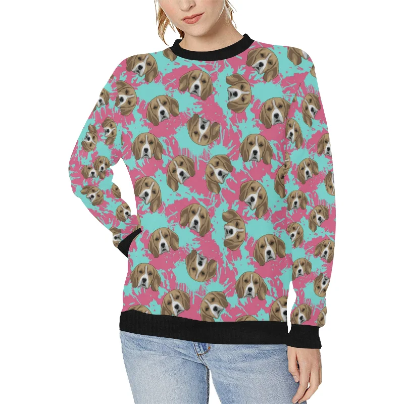 Beagle muzzles turquoise paint splashes pink patte Women's Crew Neck Sweatshirt