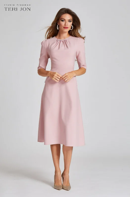 Stretch Crepe Pearl Trim Cocktail Dress