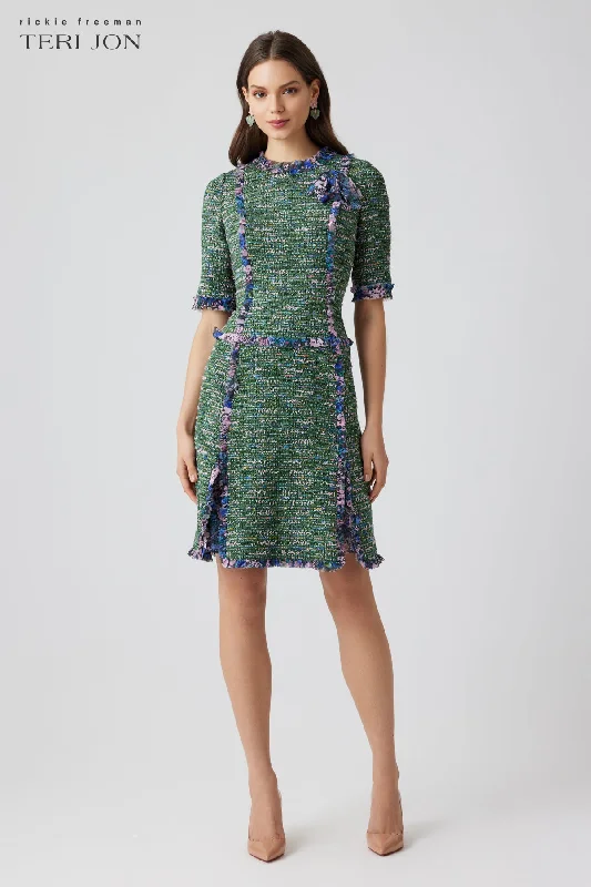 Boucle Tweed Chiffon Trim Short Sleeve Dress