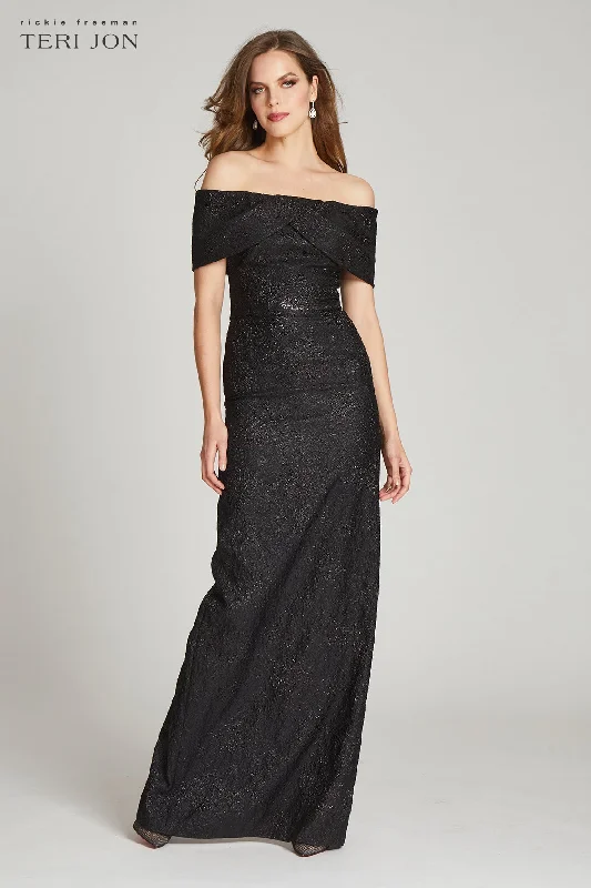 Jacquard Off The Shoulder Portrait Column Gown