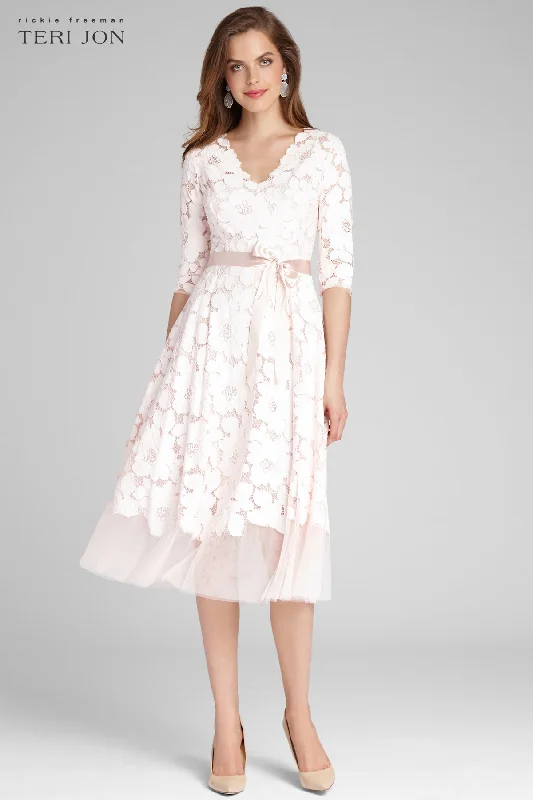 3/4 Sleeve Lace and Tulle Fit And Flare Dress